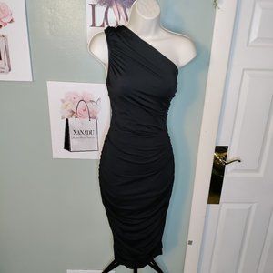 One Shoulder Ruched Party Dress Zipper Closure Midi Length